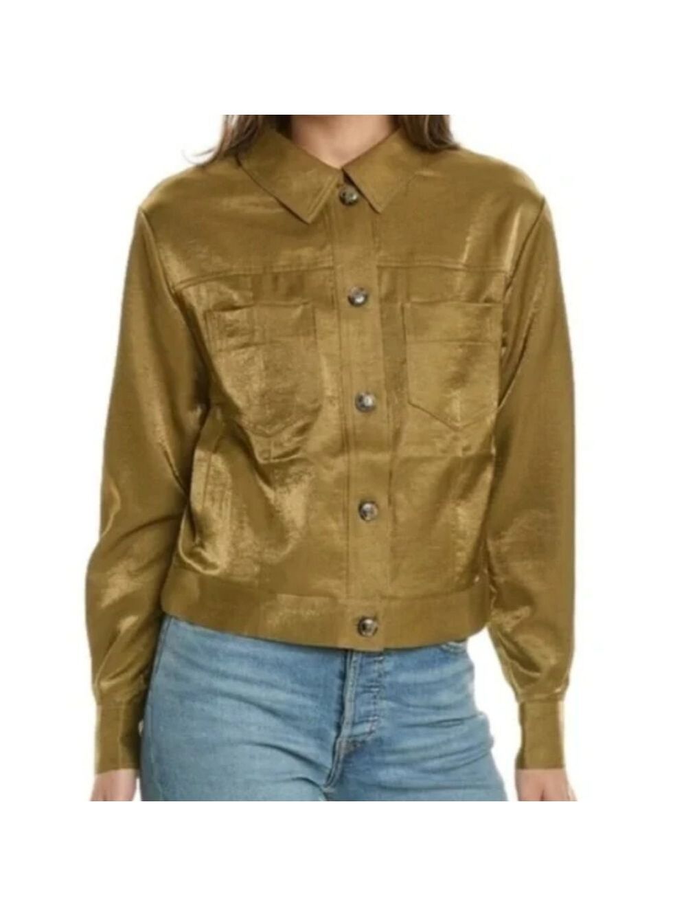 French Connection Metallic Gold Button-Front Jean Jacket